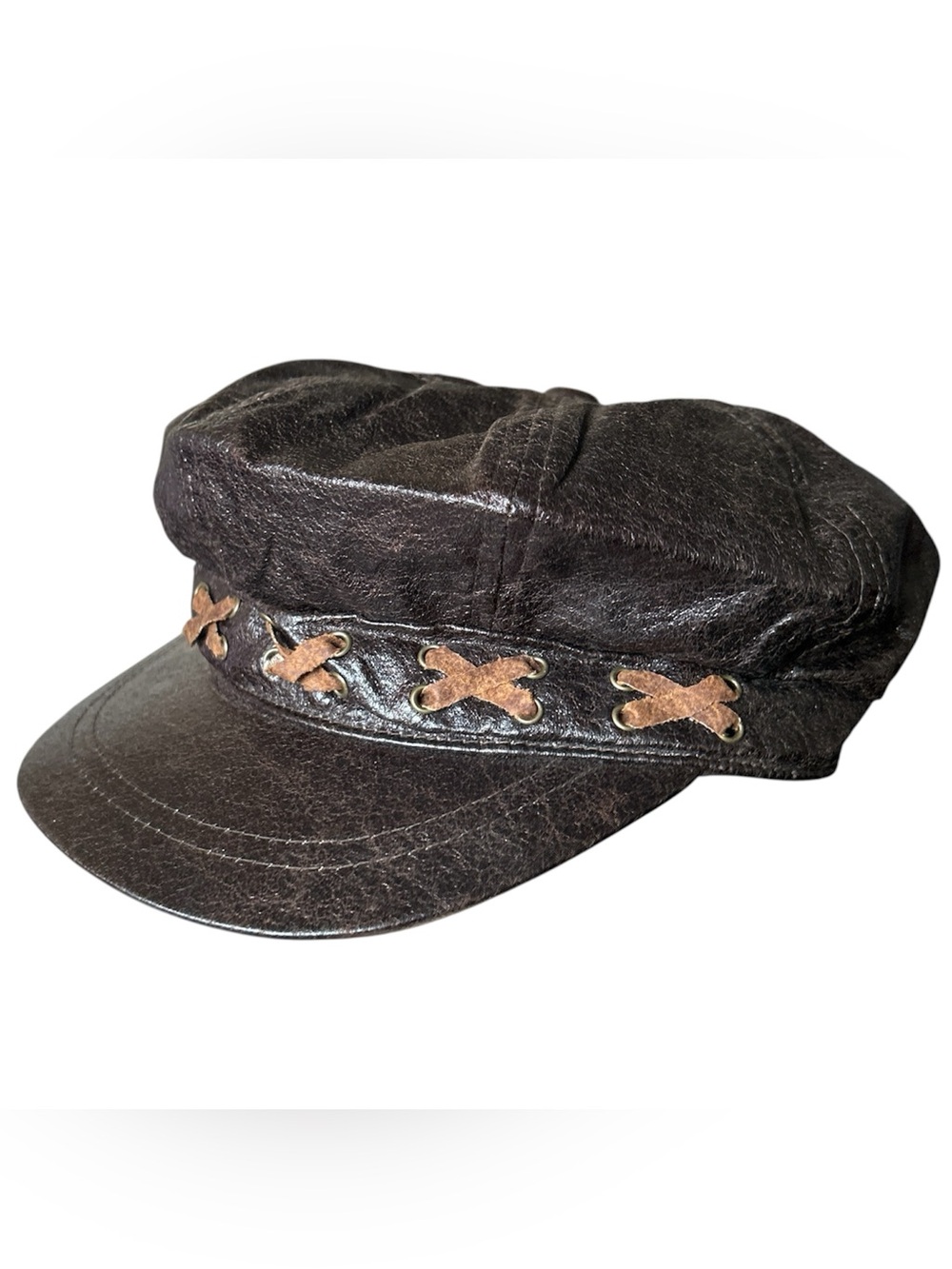 Y2K Grunge Style Brown Faux Leather Paperboy Hat